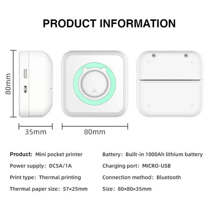 Portable Mini Thermal Printer, Bluetooth Pocket Mini Printer